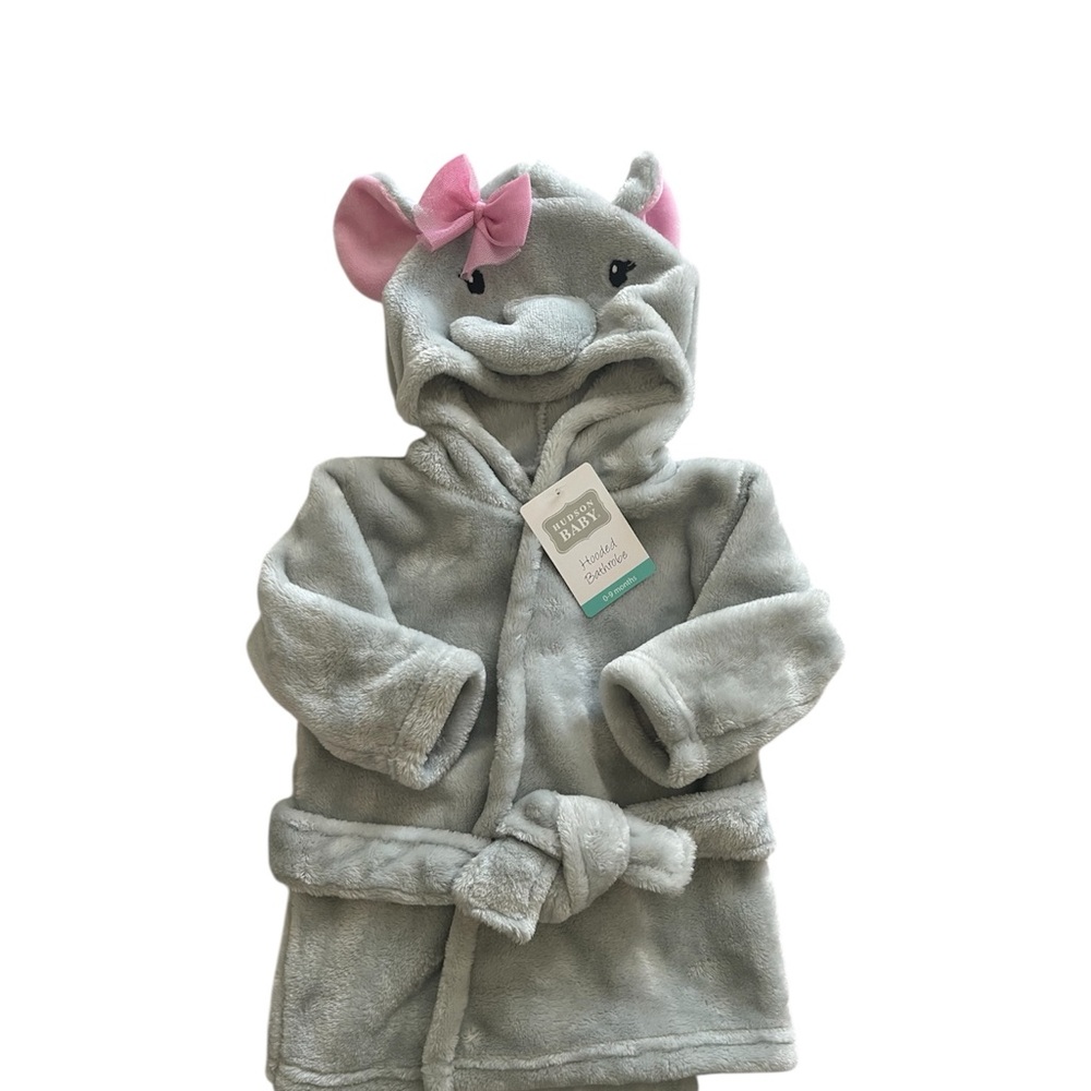 Hudson Baby - Gray Elephant Kids Robe with pink bow. 🎀